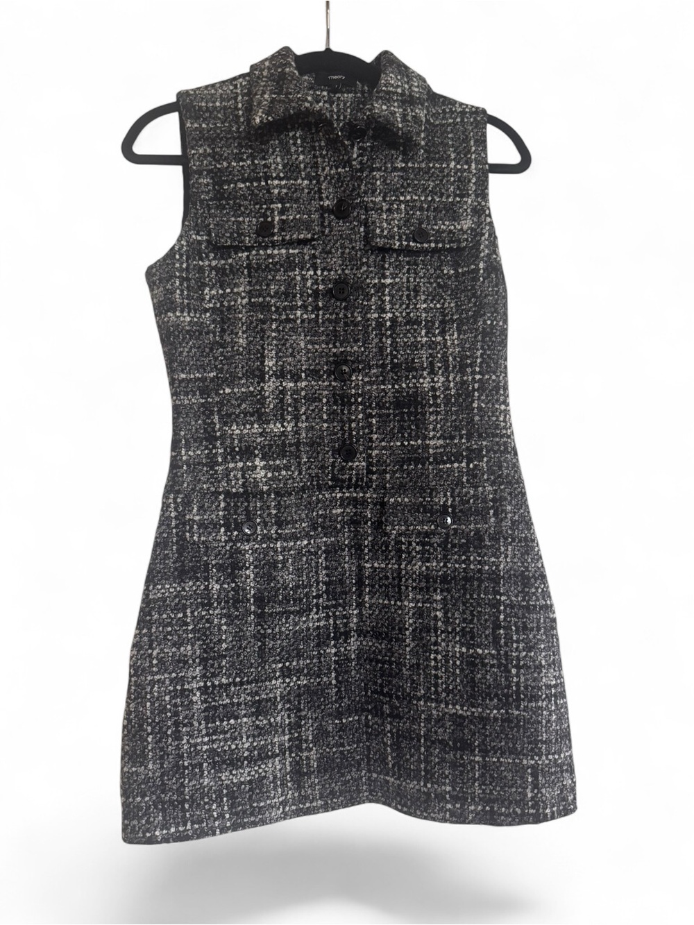 Theory Grey black Bouclé Button-Up sleeveless coat dress